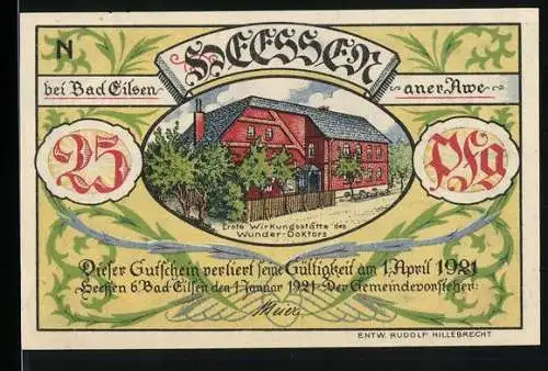 Notgeld Bad Eilsen 1921, 25 Pfennig, Erste Wirkungsstätte des Wunder-Doktors mit Abbildung von H. Voigt