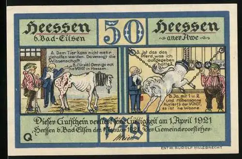 Notgeld Heessen b. Bad Eilsen 1921, 50 Pfennig, humorvolle Illustrationen und regionale Szenen