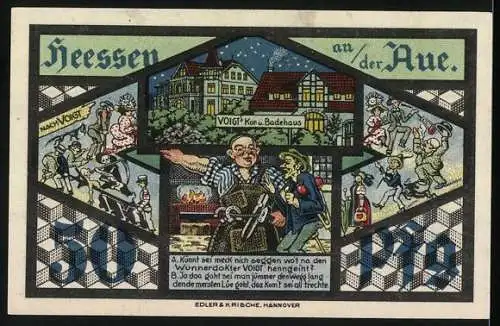 Notgeld Heessen b. Bad Eilsen 1921, 50 Pfennig, humorvolle Illustrationen und regionale Szenen