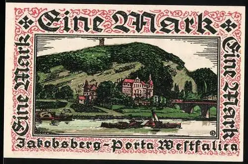 Notgeld Hausberge 1921, 1 Mark, Jakobsberg, Porta Westfalica, Landschaft und Trachtenpaar