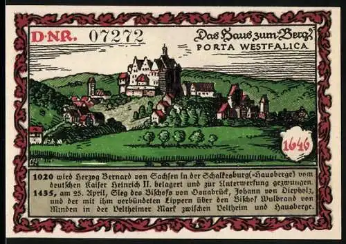 Notgeld Hausberge 1921, 50 Pfennig, Das Haus zum Berge Porta Westfalica - Kaiser Heinrich II. Abbildung