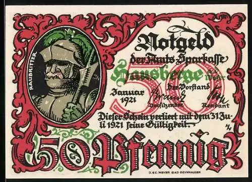 Notgeld Hausberge, 1921, 50 Pfennig, Raubritter und Historische Burgszenen