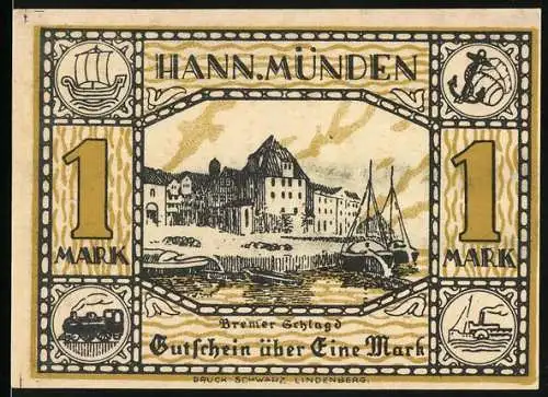 Notgeld Hann. Münden, 1922, 1 Mark, Stadtansicht mit Fluss und Dampferanlegeplatz