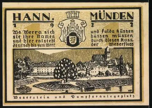 Notgeld Hann. Münden, 1922, 1 Mark, Stadtansicht mit Fluss und Dampferanlegeplatz