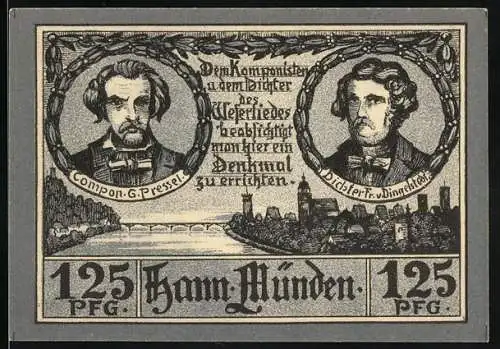 Notgeld Hann. Münden, 125 Pfg, Komponist G. P. Restel und Dichter Fr. v. Dingelstedt, Landschaft mit Fluss und Noten