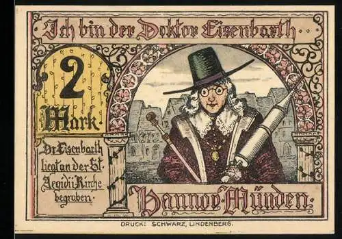 Notgeld Hann. Münden, 2 Mark, Dr. Eisenbarth, Zahnbehandlung mit Opium