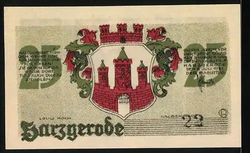 Notgeld Harzgerode, 1921, 25 Pfennig, Wiese mit Pferden, Wappen mit Burg