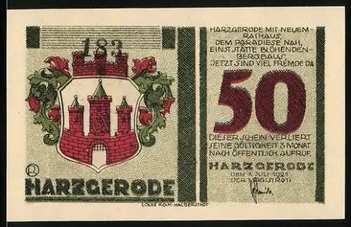 Notgeld Harzgerode, 1921, 50 Pfennig, Harzgerode Wappen und Rathaus-Abbildung