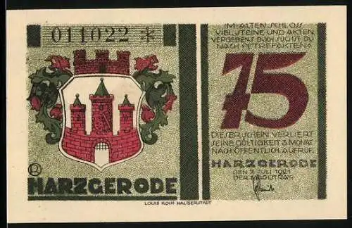 Notgeld Harzgerode, 1921, 75 Pfennig, Stadtwappen und Schlossansicht