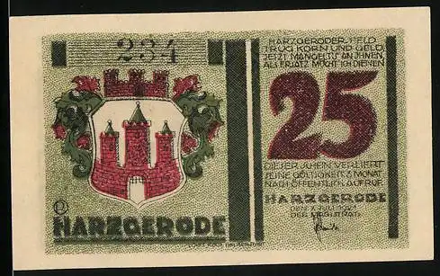 Notgeld Harzgerode, 1921, 25 Pfennig, Stadtwappen und altes Haus Motiv