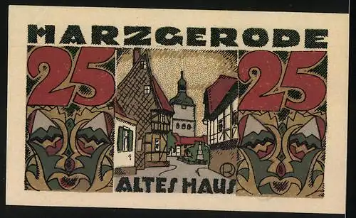 Notgeld Harzgerode, 1921, 25 Pfennig, Stadtwappen und altes Haus Motiv