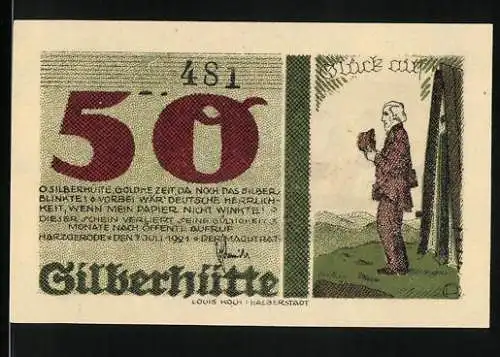 Notgeld Harzgerode 1921, 50 Pfennig, Silberhütte, Mann mit Buch und Dorflandschaft