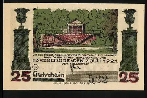 Notgeld Harzgerode 1921, 25 Pfennig, Landschaft und Gebäude, Harzgerode und Alexisbad um 1830