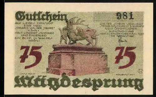 Notgeld Harzgerode 1921, 75 Pfennig, Mägdesprung, Denkmal mit Ziegenbock und Landschaftsansicht