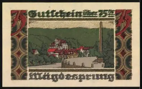 Notgeld Harzgerode 1921, 75 Pfennig, Mägdesprung, Denkmal mit Ziegenbock und Landschaftsansicht