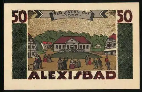 Notgeld Harzgerode 1921, 50 Pfennig, Alexisbad, Der Salon um 1860 und Gebäude mit Bäumen und Säulen