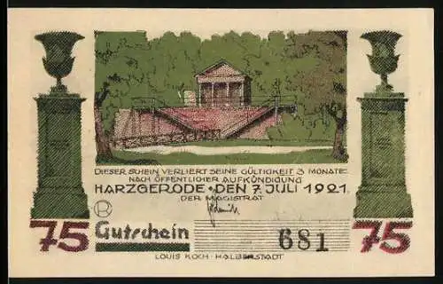 Notgeld Harzgerode 1921, 75 Pfennig, Gebäude und Landschaft von Alexisbad