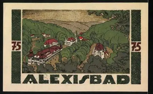 Notgeld Harzgerode 1921, 75 Pfennig, Gebäude und Landschaft von Alexisbad