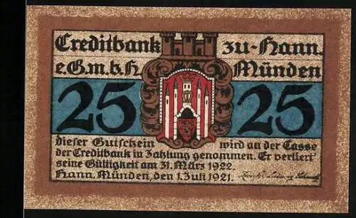 Notgeld Hann. Münden, 1921, 25 Pfennig, Creditbank zu Hann. Münden mit Welfenschloss und Wappen