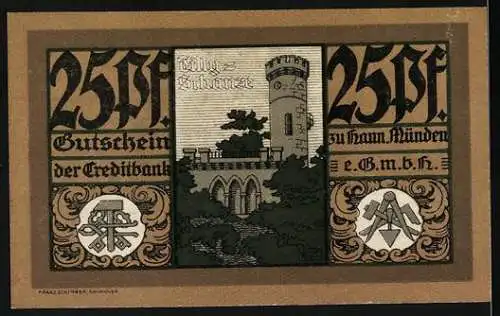 Notgeld Hann. Münden, 1921, 25 Pfennig, Creditbank zu Hann. Münden mit Welfenschloss und Wappen