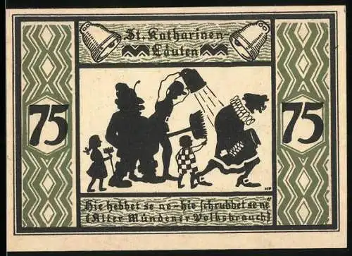 Notgeld Hann. Münden, 75 Pf, Rathausabbildung und Volksszene mit Spruch