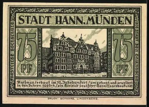 Notgeld Hann. Münden, 75 Pf, Rathausabbildung und Volksszene mit Spruch