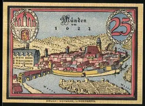 Notgeld Hann. Münden 1922, 25 Pfennig, Stadtansicht um 1622 mit Brücke und Fluss, Stadtwappen