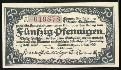 Notgeld Hannover 1921, 50 Pfennig, Stadtansicht und Handelskammer Text