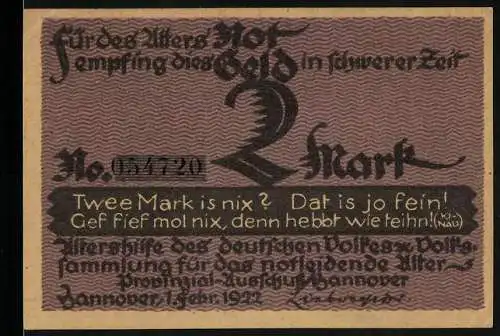 Notgeld Hannover 1922, 2 Mark, Hilfe des deutschen Volkes - Porträt einer Frau