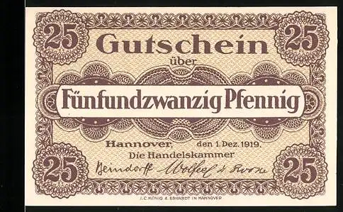 Notgeld Hannover 1919, 25 Pfennig, Gutschein über Fünfundzwanzig Pfennig von der Handelskammer