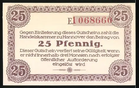 Notgeld Hannover 1919, 25 Pfennig, Gutschein über Fünfundzwanzig Pfennig von der Handelskammer