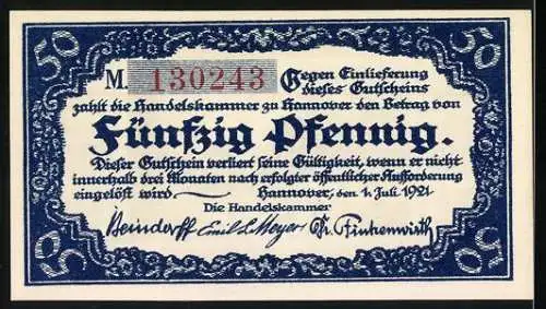 Notgeld Hannover 1921, 50 Pfennig, Leinepartie und Handelskammer Text