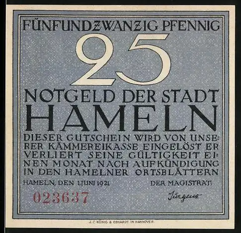 Notgeld Hameln, 1921, 25 Pfennig, Text und Nummer, historische Szene