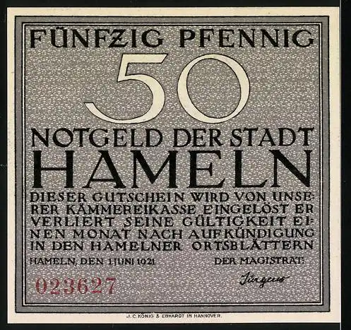 Notgeld Hameln, 1921, 50 Pfennig, Der Siebenlinge, Bürger Thiele Römer und seine Frau Anna Breyers, Seriennummer 02362