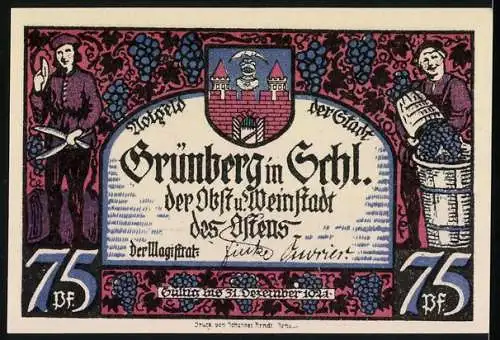 Notgeld Grünberg in Schl., 1921, 75 Pfennig, Abendszene und Wappen mit Weinbau-Motiven