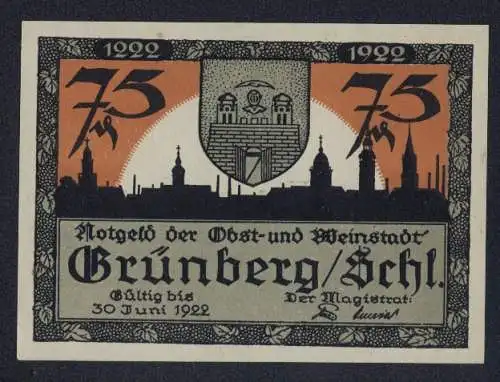 Notgeld Grünberg / Schl, 1922, 75 Pfennig, Stadtansicht und historische Szene von 1659