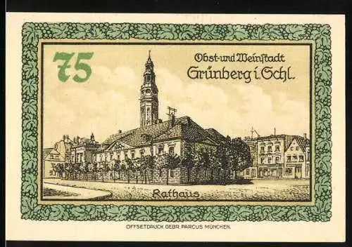 Notgeld Grünberg i. Schl., 1921, 75 Pfennig, Rathausabbildung und Wappen mit Weinrebenmuster