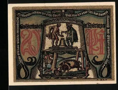 Notgeld Grossbreitenbach 1921, 20 Pfennig, mittelalterliche Szene und Stadtwappen, Thüringen