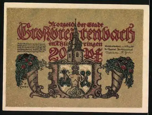 Notgeld Grossbreitenbach 1921, 20 Pfennig, mittelalterliche Szene und Stadtwappen, Thüringen