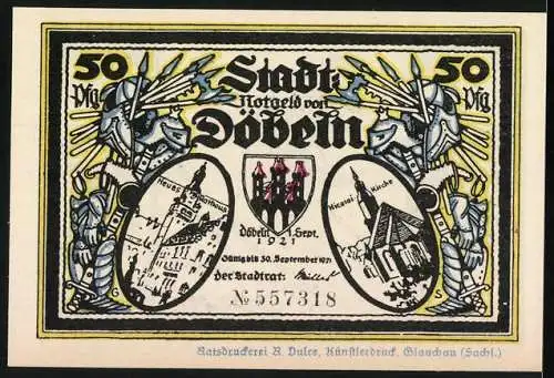 Notgeld Döbeln, 1921, 50 Pfennig, Stadtansichten und Ritter mit Dame in Ketten