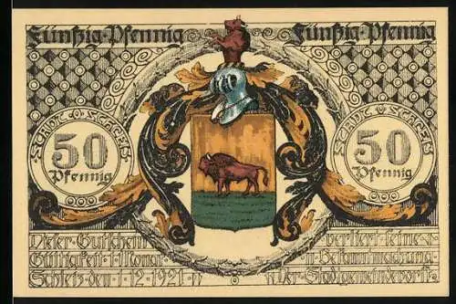 Notgeld Schleiz 1921, 50 Pfennig, Büffelwappen und Porträt im Studienzimmer