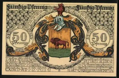 Notgeld Scharzfeld 1921, 50 Pfennig, Porträt mit Landschaft und Wappentier