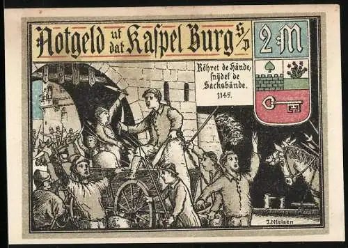 Notgeld Burg 1916, 2 Mark, mittelalterliche Szenen mit Rittern und Burg