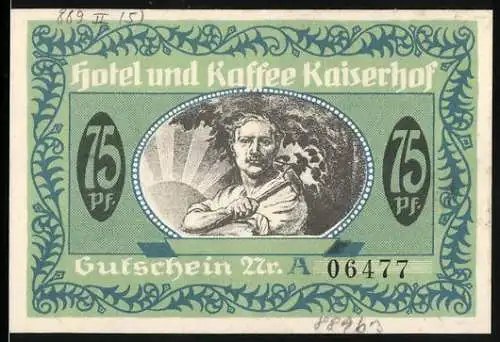 Notgeld Münster 1921, 75 Pfennig, Hotel und Kaffee Kaiserhof Gutschein Nr. A 06477, Darstellung eines Mannes mit Hammer