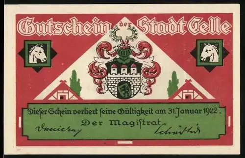 Notgeld Celle 1922, 75 Pfennig, Pferdesprung-Illustration und Stadtwappen