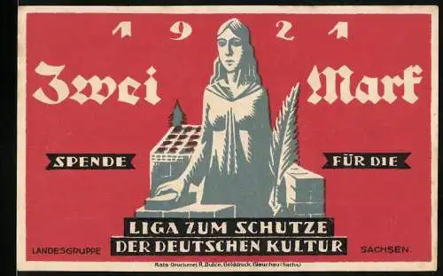 Notgeld Glauchau 1921, Zwei Mark, Liga zum Schutze der Deutschen Kultur, kämpfende Figuren und Gebäude