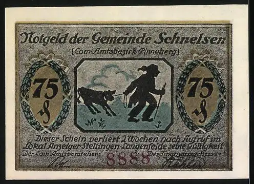 Notgeld Schnelsen, 75 Pfennig, Gebäude und Hirte mit Kuh, Schwarz-Weiss