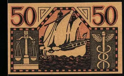 Notgeld Grossalmerode, 50 Pfennig, Segelschiff, Waage und Hermesstab, Burgen & Kirche, Detaillisten-Verein