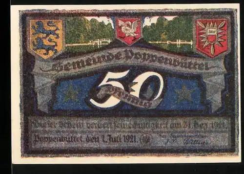 Notgeld Poppenbüttel 1921, 50 Pfennig, Wappen, Parkansicht zur Alsterschlucht