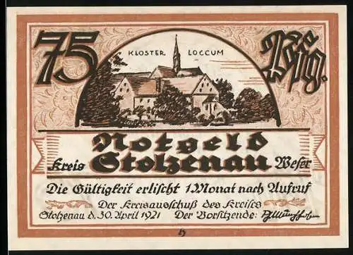 Notgeld Stolzenau 1921, 75 Pfennig, Kloster Loccum und Zitat von Büch